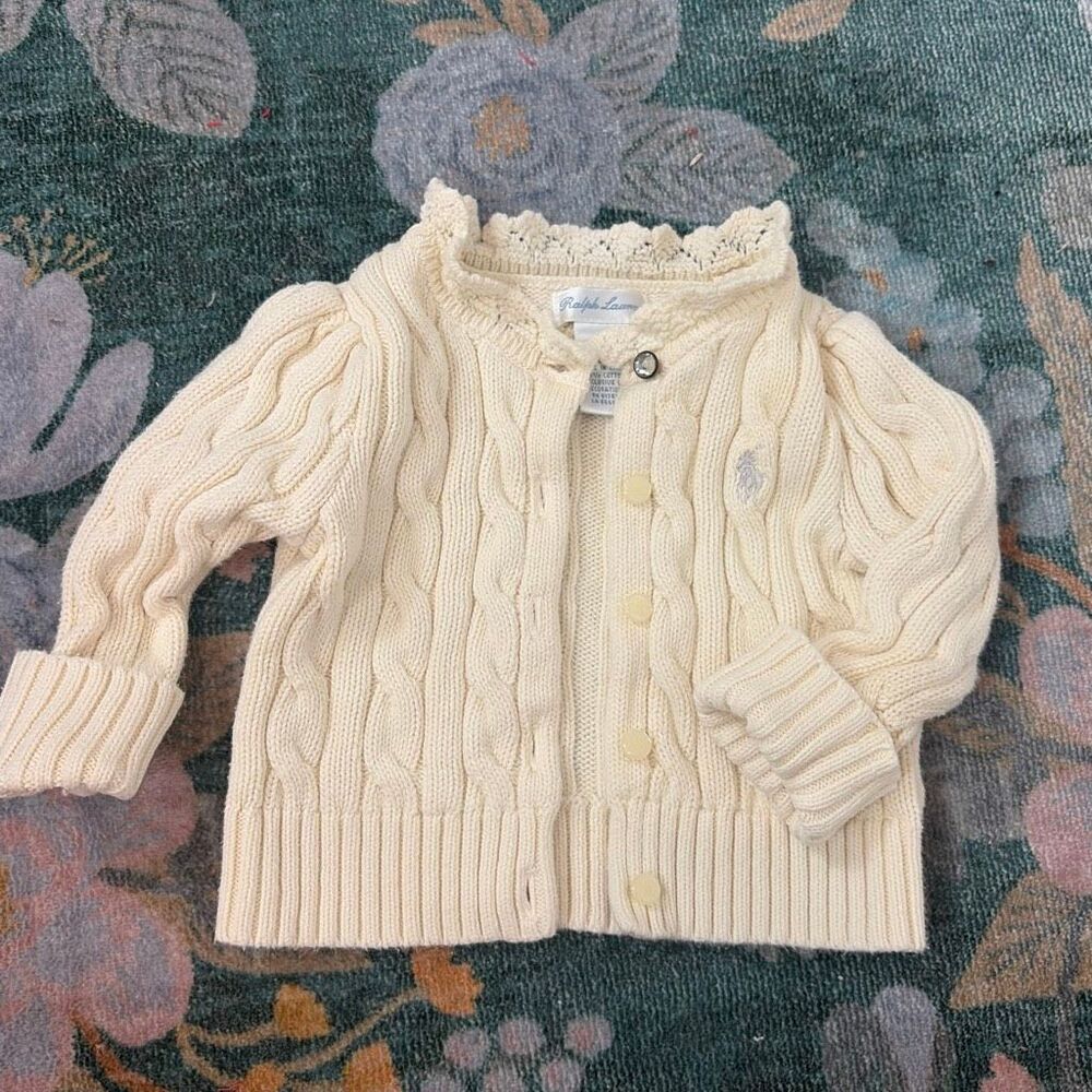 Ralph Lauren Cardigan Sweater Baby Size 6M Cream Cotton Cable Knit Button Front